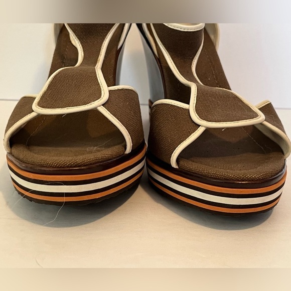 Cole Haan G Series Brown Canvas Stripes Peep Toe Wedge Heel Sandal - Picture 13 of 17